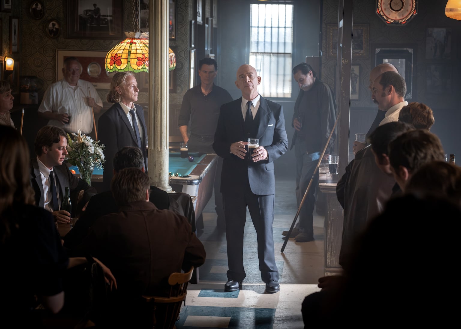 Patrick Garrow as Dukey, Vincent Walsh as Eddie Breen, J.K. Simmons as Eamon Sweeney, Michael Cram as Father Michael and Tadhg McMahon as Cliffie in The Westies. PICTURE Brooke Palmer/MGM+