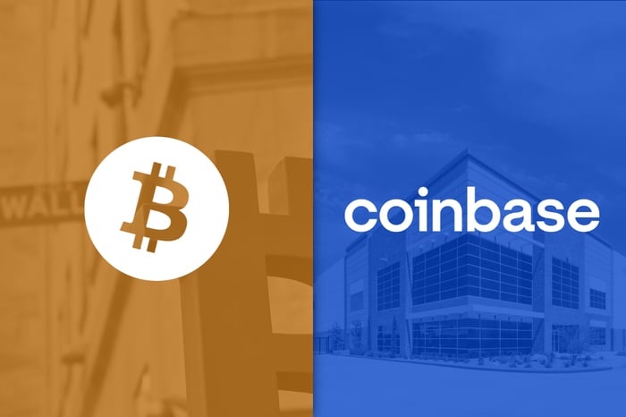 A Bitcoin logo is juxtaposed against the Coinbase logo.