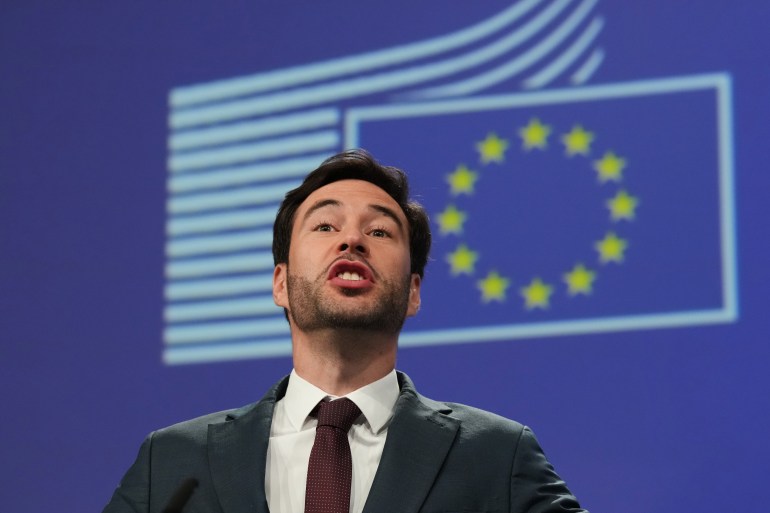 European Commission spokesman Thomas Regnier speaks during a media conference regarding a fine against Google at EU headquarters in Brussels, Thursday, July 23, 2026. (AP Photo/Virginia Mayo)