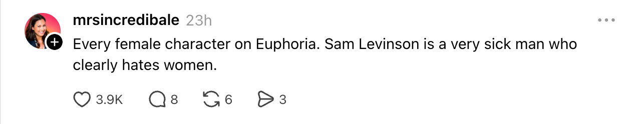 A social media comment criticizing Sam Levinson's portrayal of female characters in the show