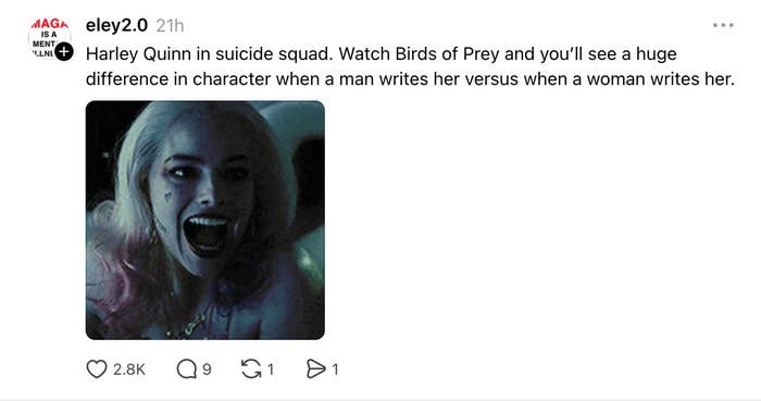A social media post comparing character portrayals of Harley Quinn in movies; mentions "Suicide Squad" and "Birds of Prey" with comments and reactions