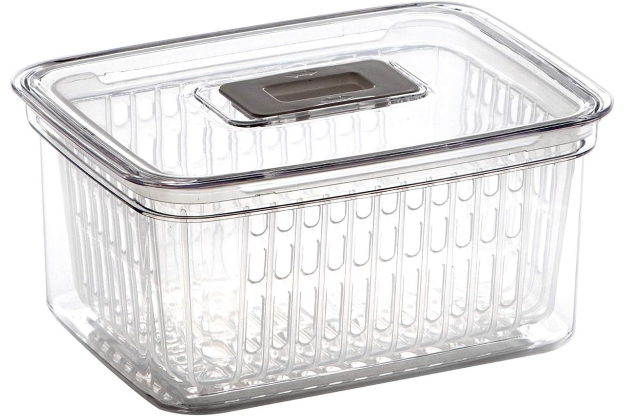 A clear plastic food storage container with a lid and an adjustable air vent