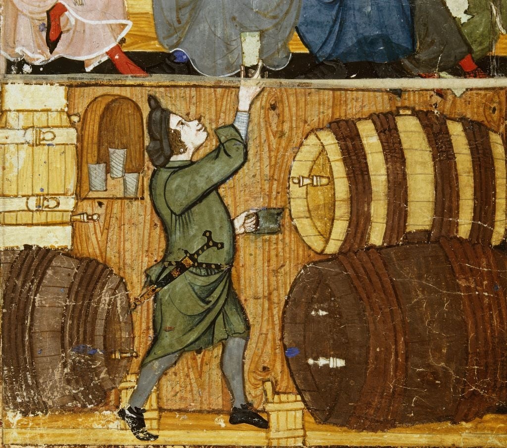 Medieval scene depicting a man in period clothing, carrying a cup and gesturing at large barrels, likely in a tavern setting