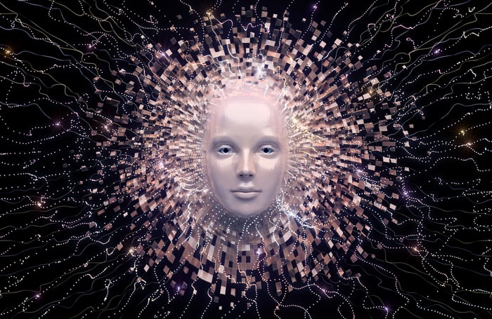A humanoid head emerging from a sea of pixels and circuitry, representing artificial intelligence.
