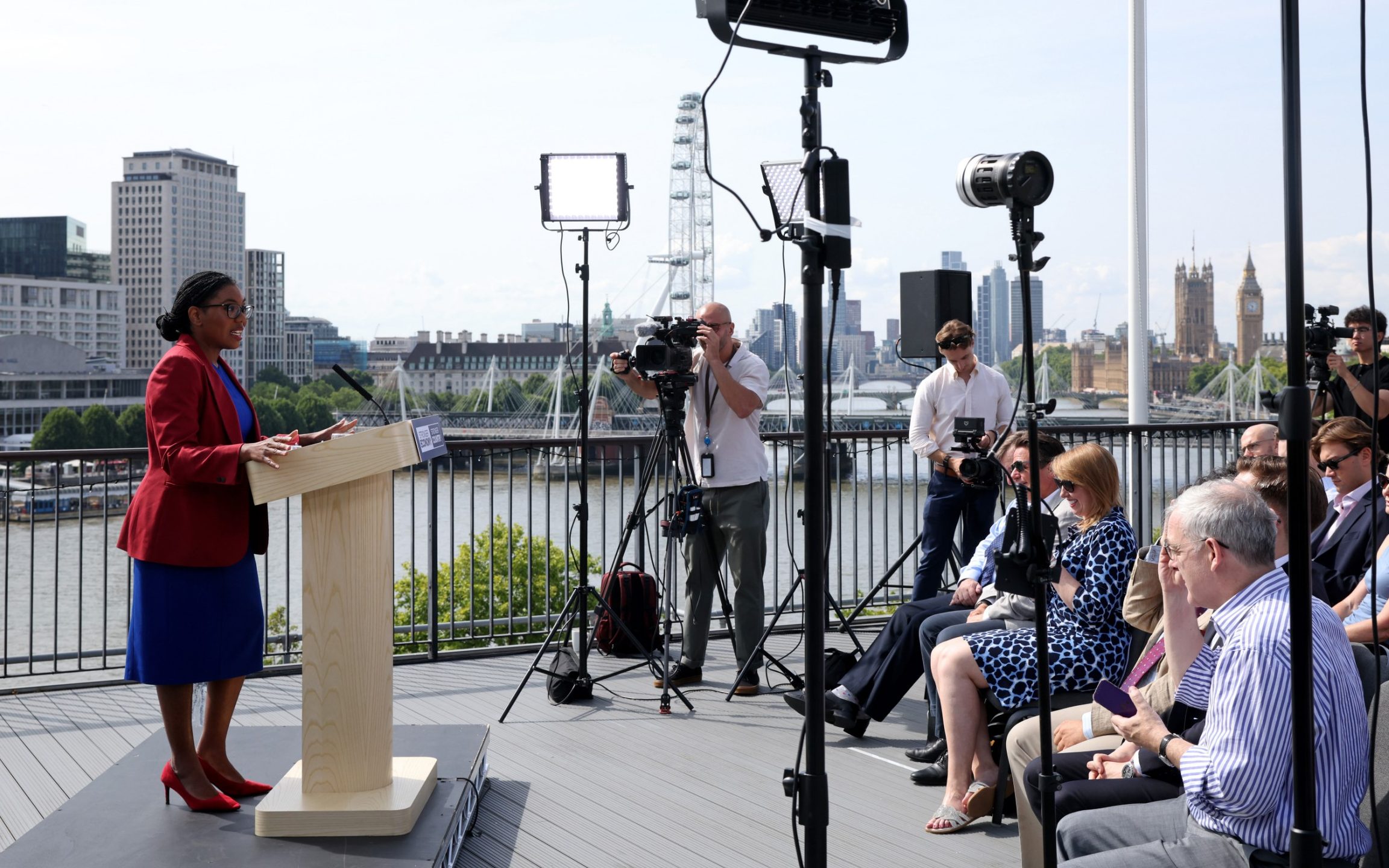 Kemi Badenoch, the Conservative Party leader, gives a speech by the river Thames in London, July 23, 2026