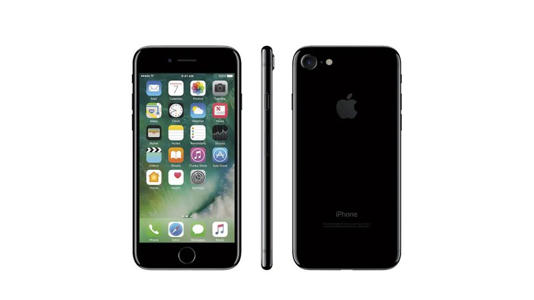 An iPhone 7 in Jet Black; a pure black color with a high-gloss, mirror-like reflection