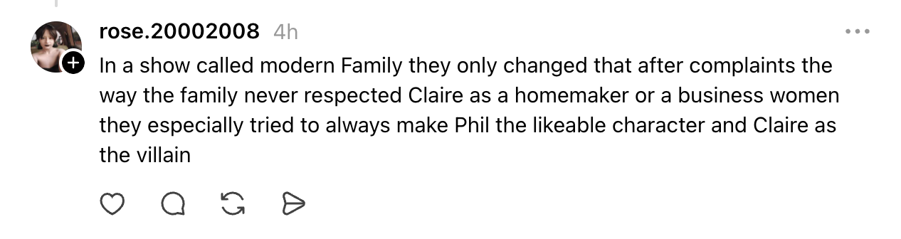 Comment discussing "Modern Family" and portrayal of Claire, mentioning complaints about her representation compared to Phil