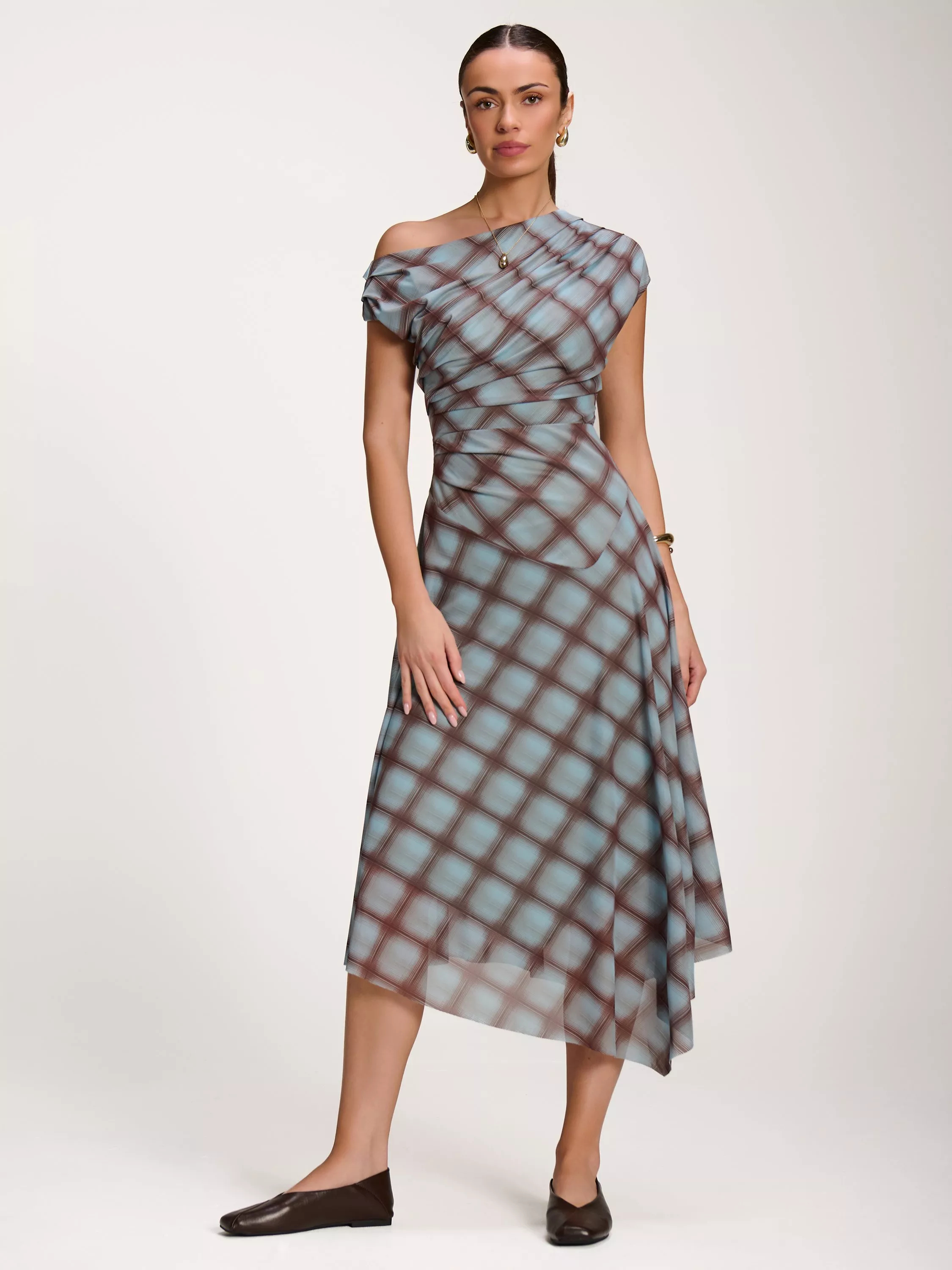 Jolie Moi Mesh Check Asymmetrical Maxi Dress, Blue