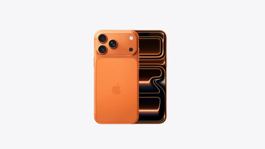 An iPhone 17 Pro in Cosmic Orange; a bright and highly-saturated shade of orange