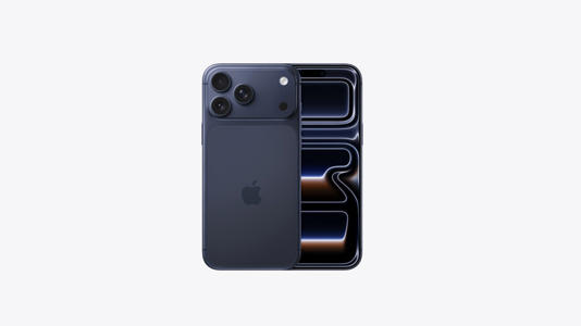 An iPhone 17 Pro in Deep Blue; a rich, desaturated, charcoal blue.