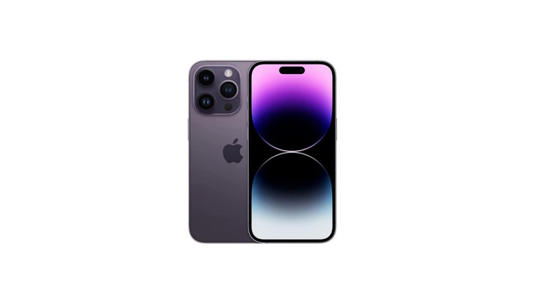 An iPhone 14 Pro in Deep Purple; a dark and metallic shade of purple