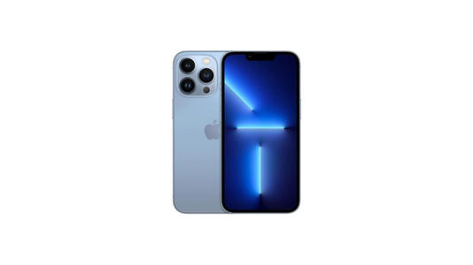 An iPhone 13 Pro in Sierra Blue; a light, pastel-like desaturated blue