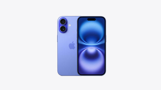 An iPhone 16 in Ultramarine; a vibrant mix of purple and blue