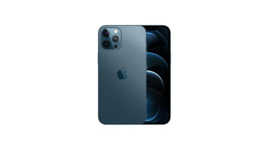 An iPhone 12 Pro in Pacific Blue; a muted, oceanic blue with slate-gray and teal undertones
