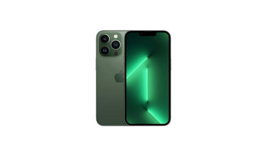 An iPhone 13 Pro in Alpine Green; A dark, metallic, and desaturated shade of green