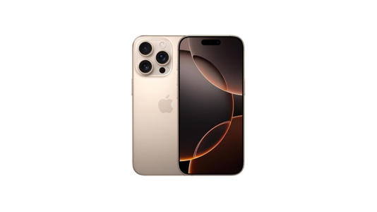 An iPhone 16 Pro in Desert Titanium; a warm, brownish shade similar to a muted gold