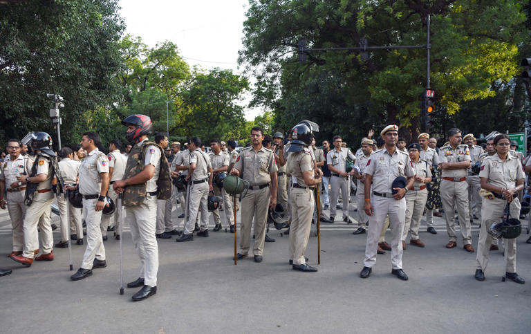 Heavy police force deployed near Jantar Mantar amid the Cockroach Janata Party's ongoing protest, demanding the Union Education Minister Dharmendra Pradhan's resignation over alleged examination irregularities and NEET paper leak, in Delhi on Thursday. 