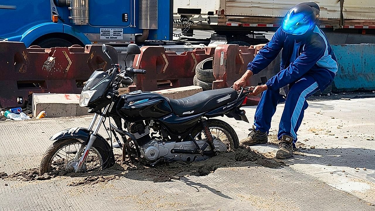 Motorcyclist takes shortcut to dodge traffic jam and gets stuck fast in ...