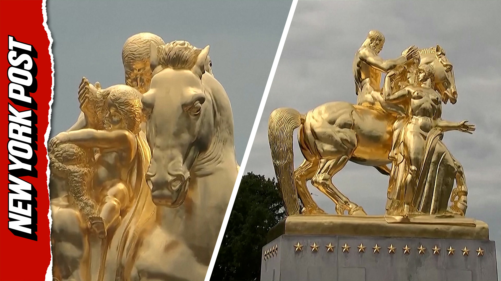 Golden arts of war statues re-emerge in DC following restoration