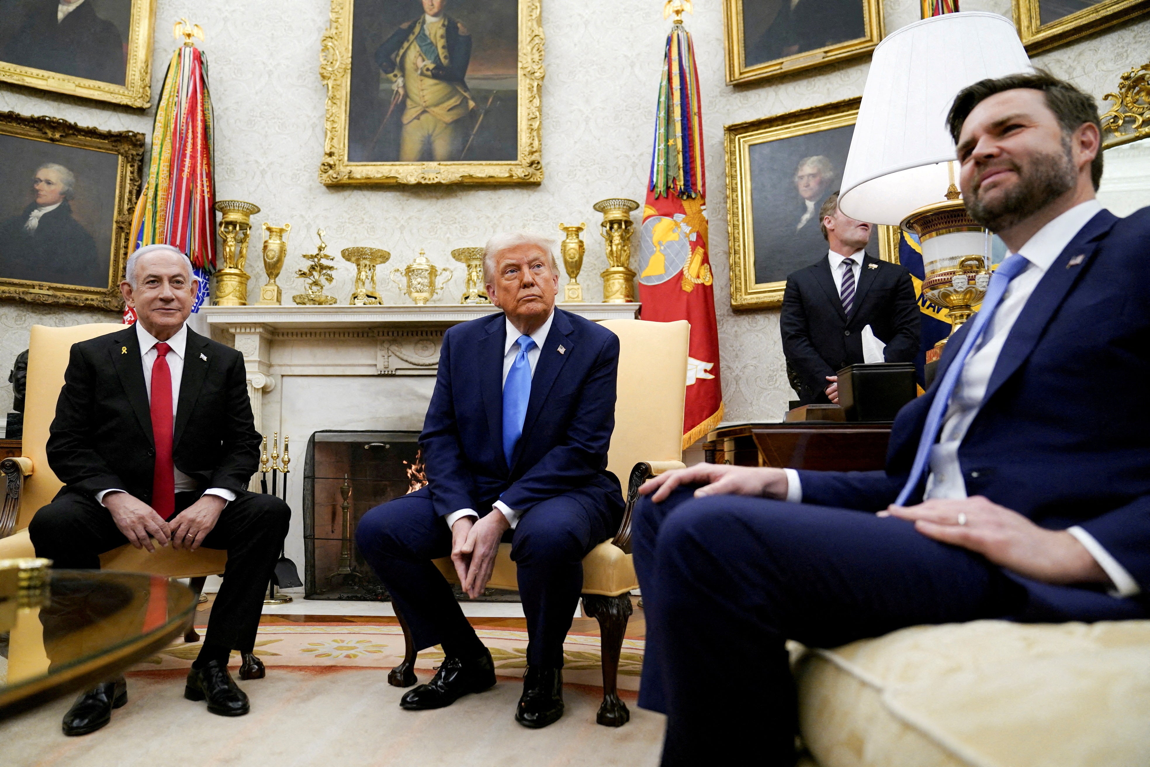 US President Donald Trump and US Vice President JD Vance meet Netanyahu at the White House on 4 February 2025 (Reuters)