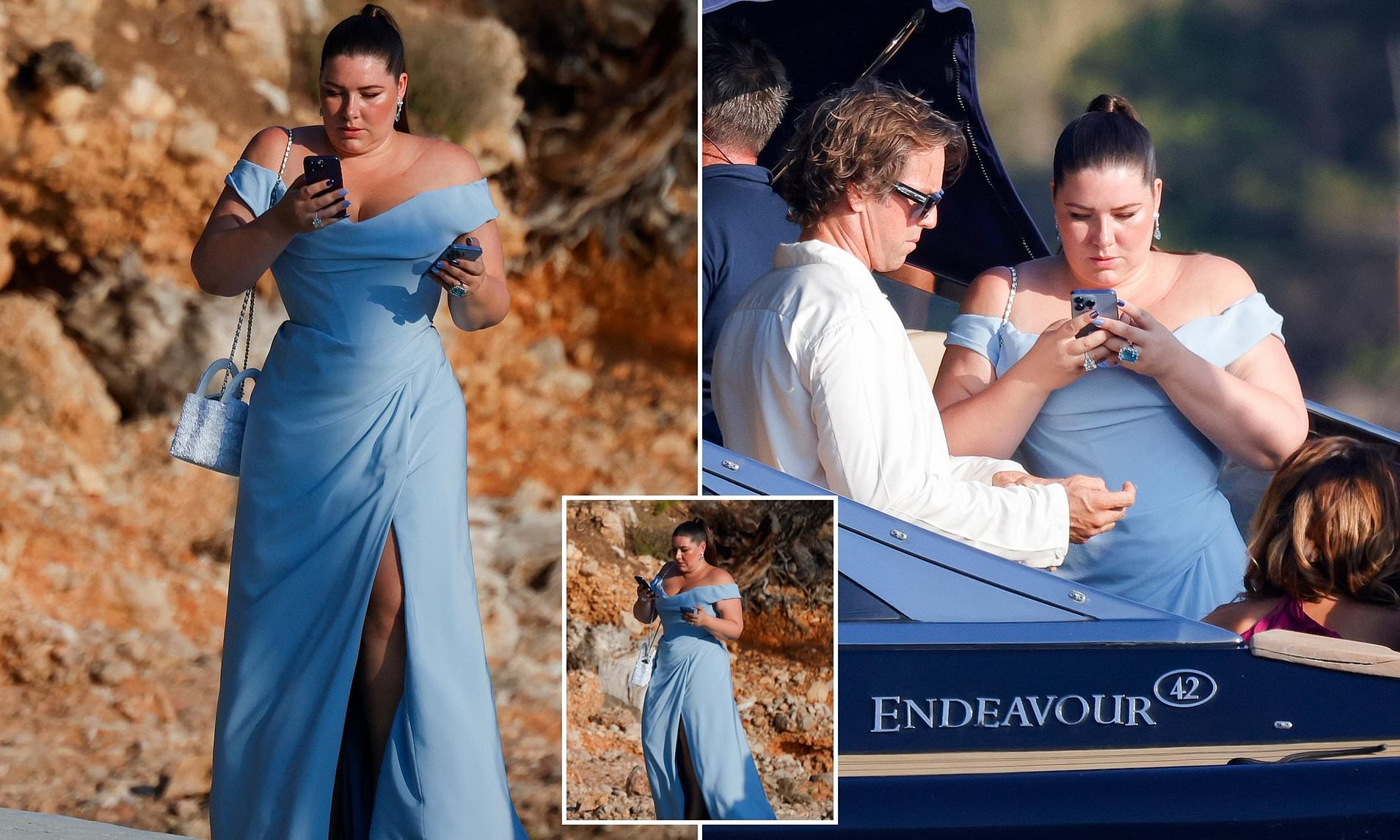Francesca Packer wears a thigh-split gown for her wedding celebrations with her husband in Mallorca
