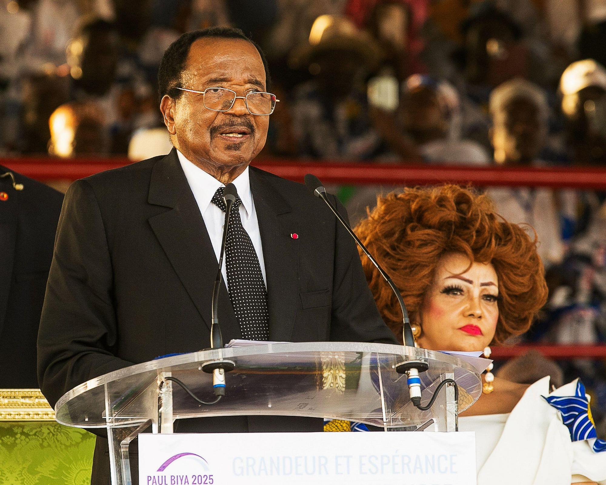 Paul Biya giving a speech in Maroua, Cameroon, last October, with his wife, Chantal, sitting beside him. Photograph: Xinhua/Alamy