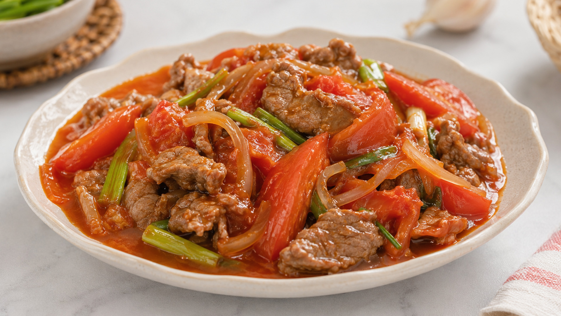 Tomatoes turn this beef stir fry bright and saucy