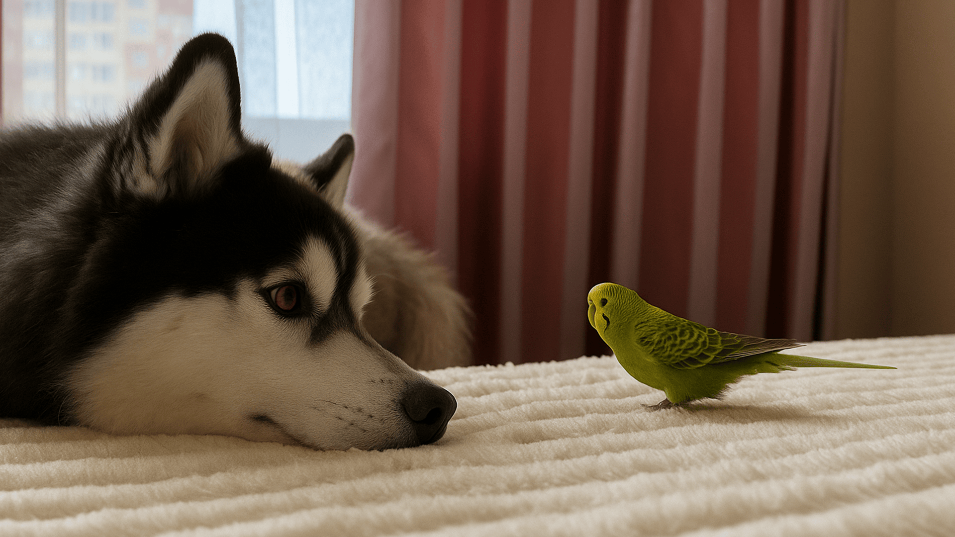 Dog and parakeet facing each other