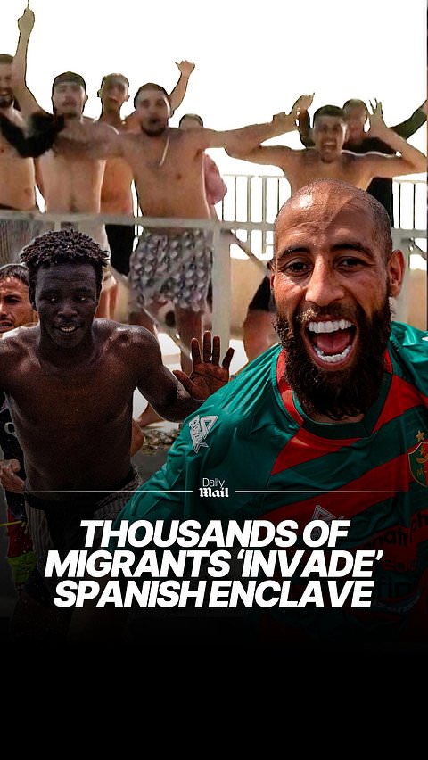 Locals waving Spanish flags chase migrants after 'invasion'