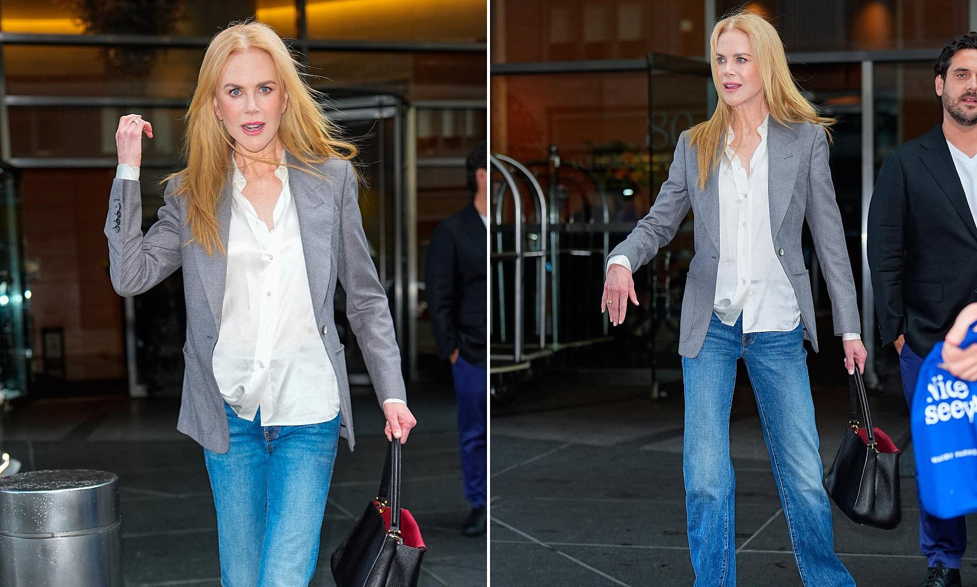 Nicole Kidman shows off her very slender figure in jeans and a sheer blouse as she leaves junket