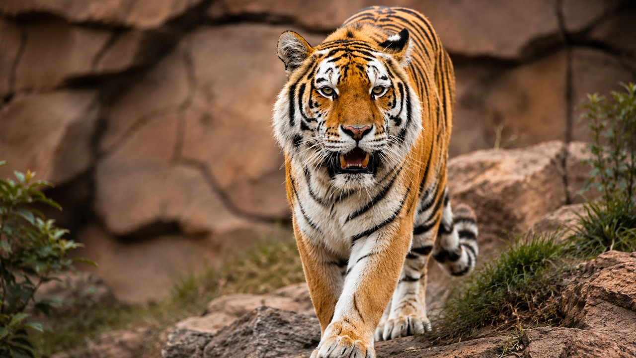 Powerful tiger approaches a hidden camera across rocky ground