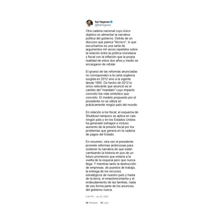 Posteo de Itai Hagman contra el grillete fiscal de Milei