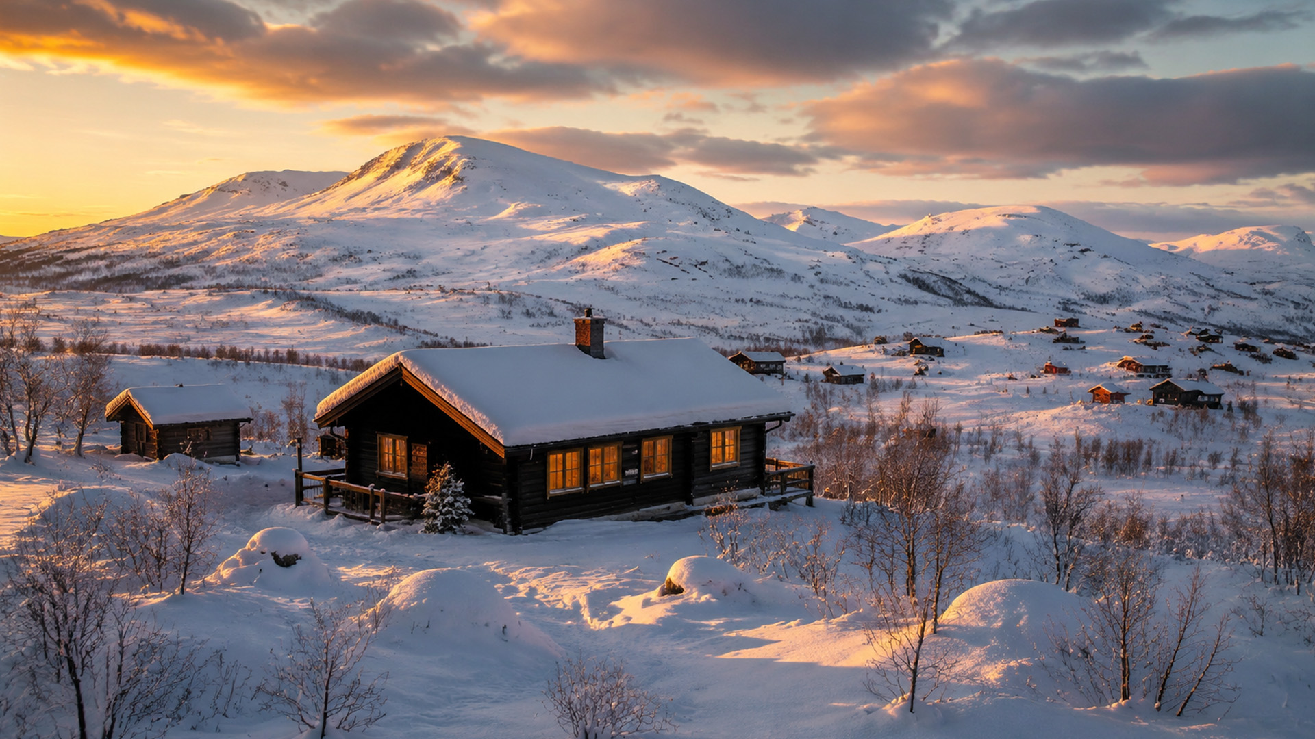 Snow covered cabins hidden in Norway’s mountains