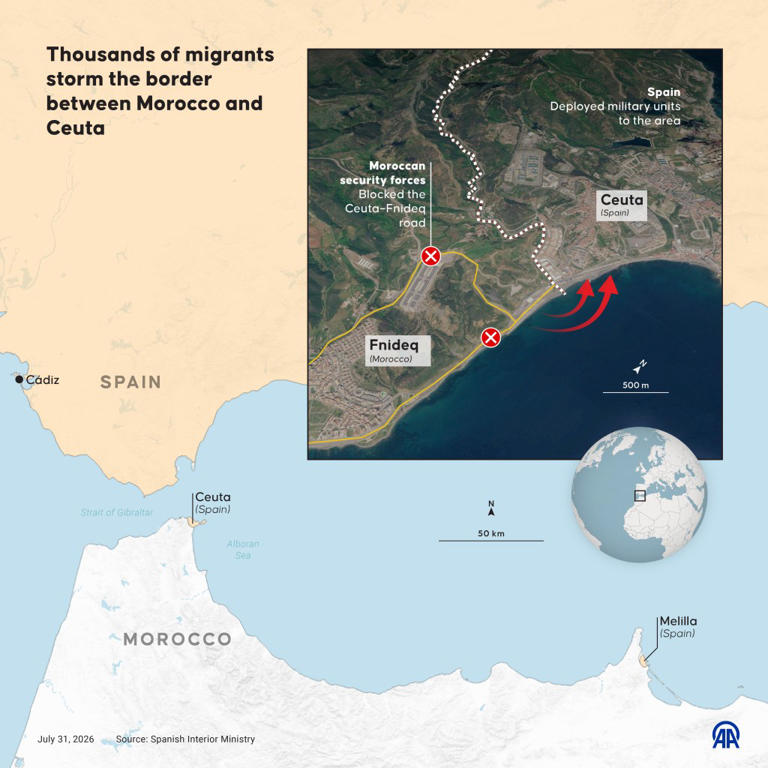 A map of the border where migrants crossed from Moroco to the Spanish enclave, Ceuta. Anadolu via Getty Images