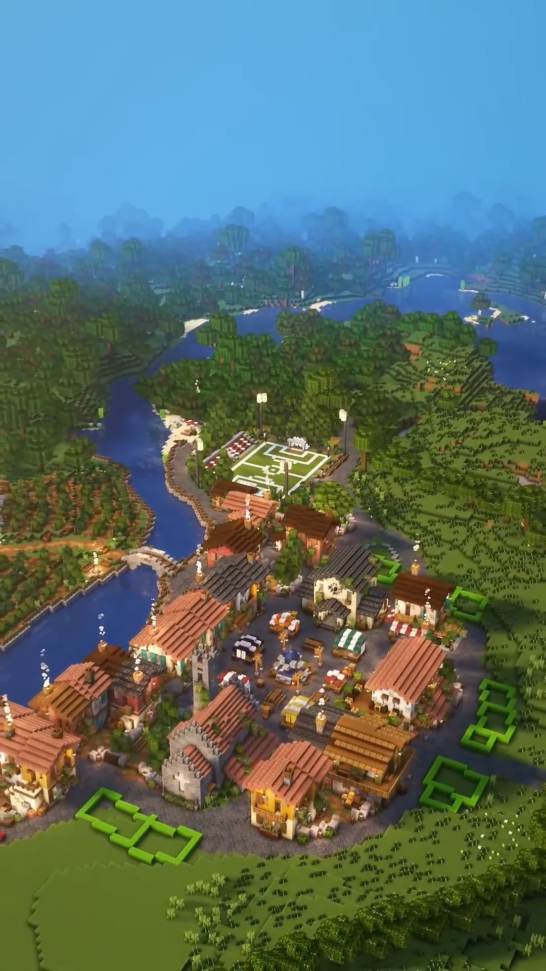 A survival village design with shops farms and public spaces