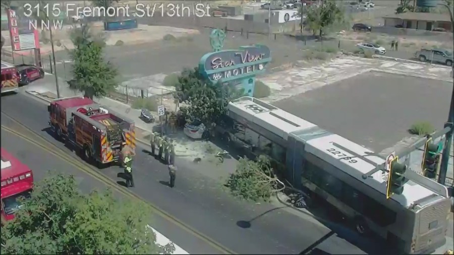 14 injured in crash involving bus in downtown Las Vegas