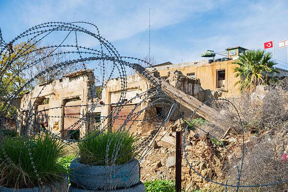 Barbed wire and a sentry post at the UN buffer zone (Green line) in divided Nicosia, Cyprus