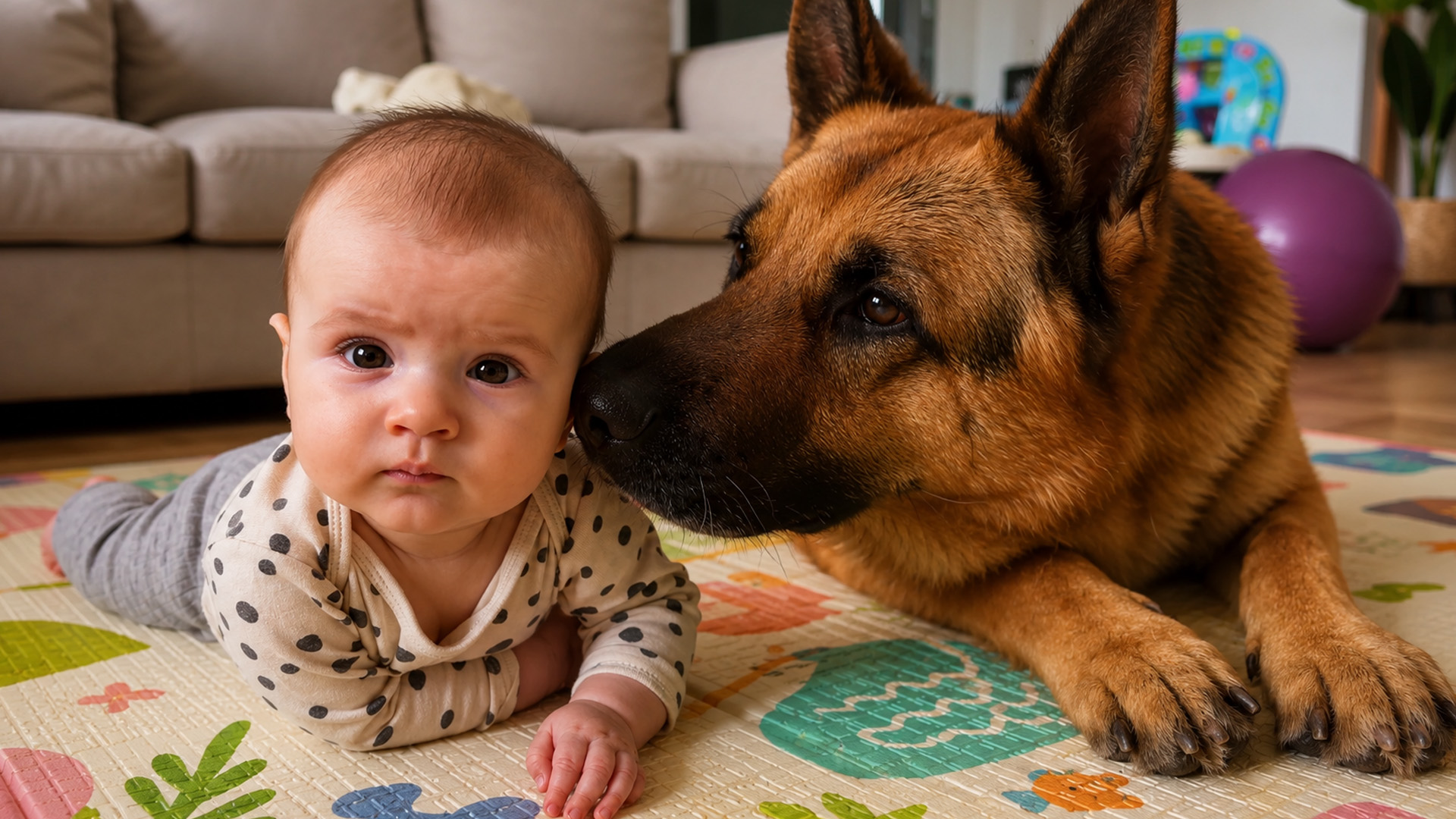 German shepherd stays gentle beside a baby