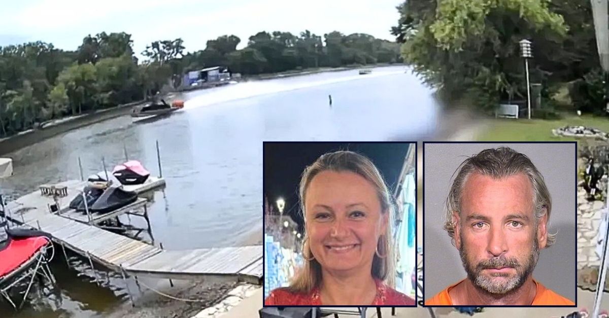 Left inset: Magdalena Jablonska (Ryan-Parke Funeral Home). Right inset: Richard Stevenson (McHenry County). Background: Surveillance video allegedly shows Richard Stevenson speeding on Fox River in McHenry County, Ill., before killing Magdalena Jablonska (WLS).