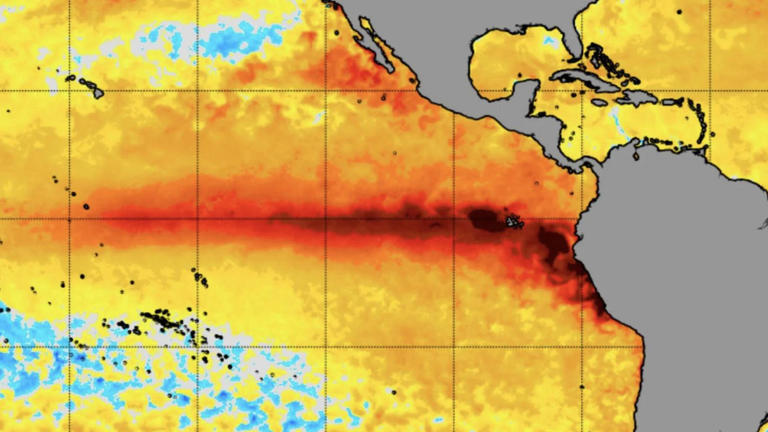Mapa que muestra el incremento de temperaturas en el Pacífico (NOAA)