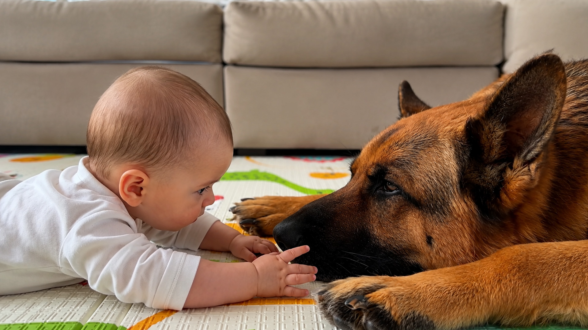 German shepherd stays gentle with curious baby