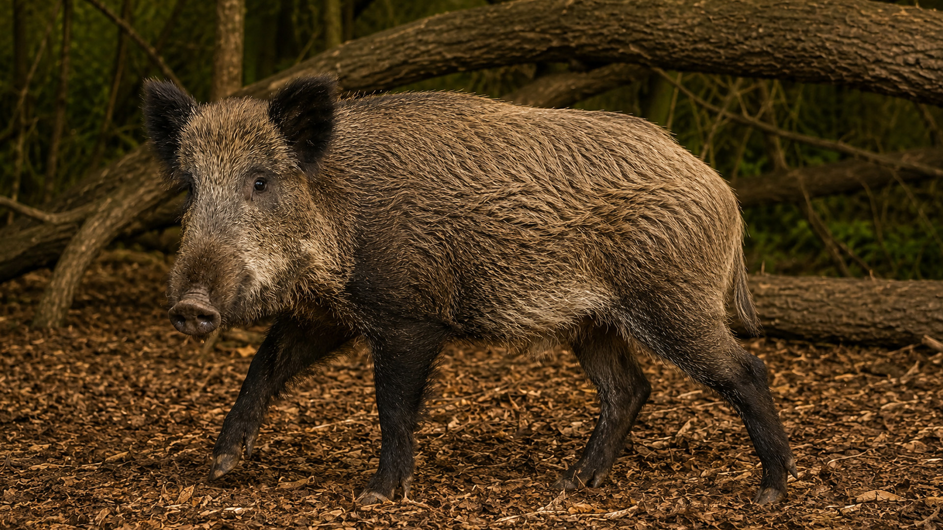 Wild boar follows a forest path before a hidden camera