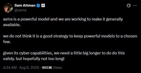 Sam Altman says Astra model is so powerful, OpenAI can't launch it now