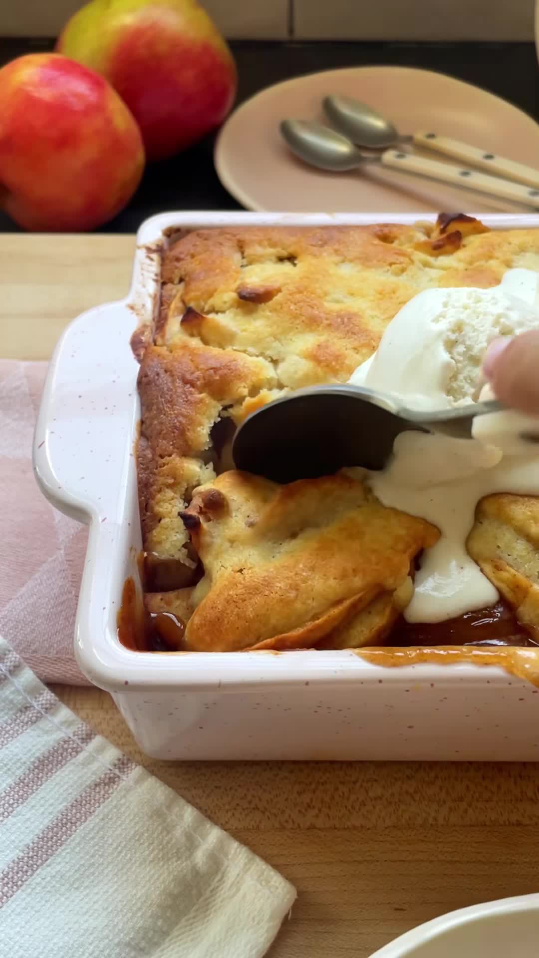 Fall apple cobbler with pancake-like topping