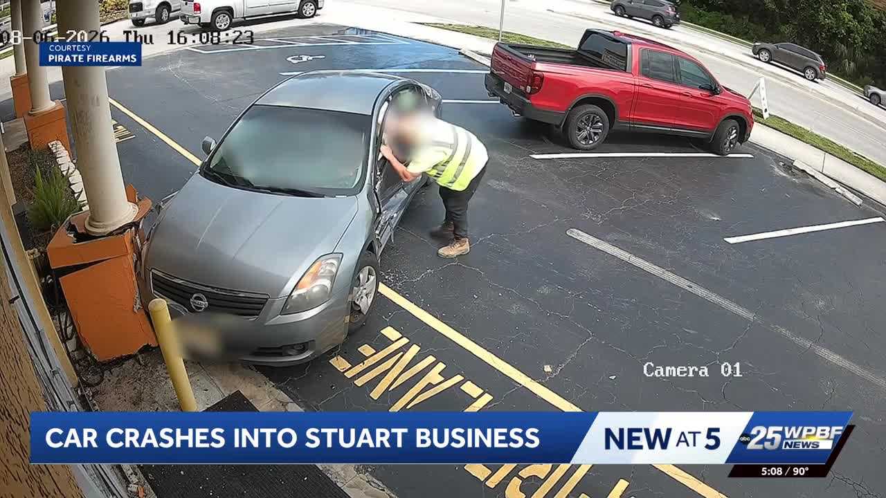 Caught on camera: Car crashes into Stuart business, injuring driver
