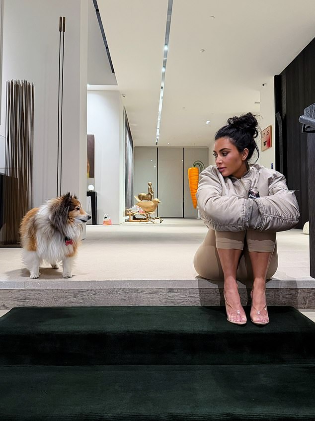 One snapshot showed Kardashian with her hair thrown into a topknot as she and a small dog had a staring contest