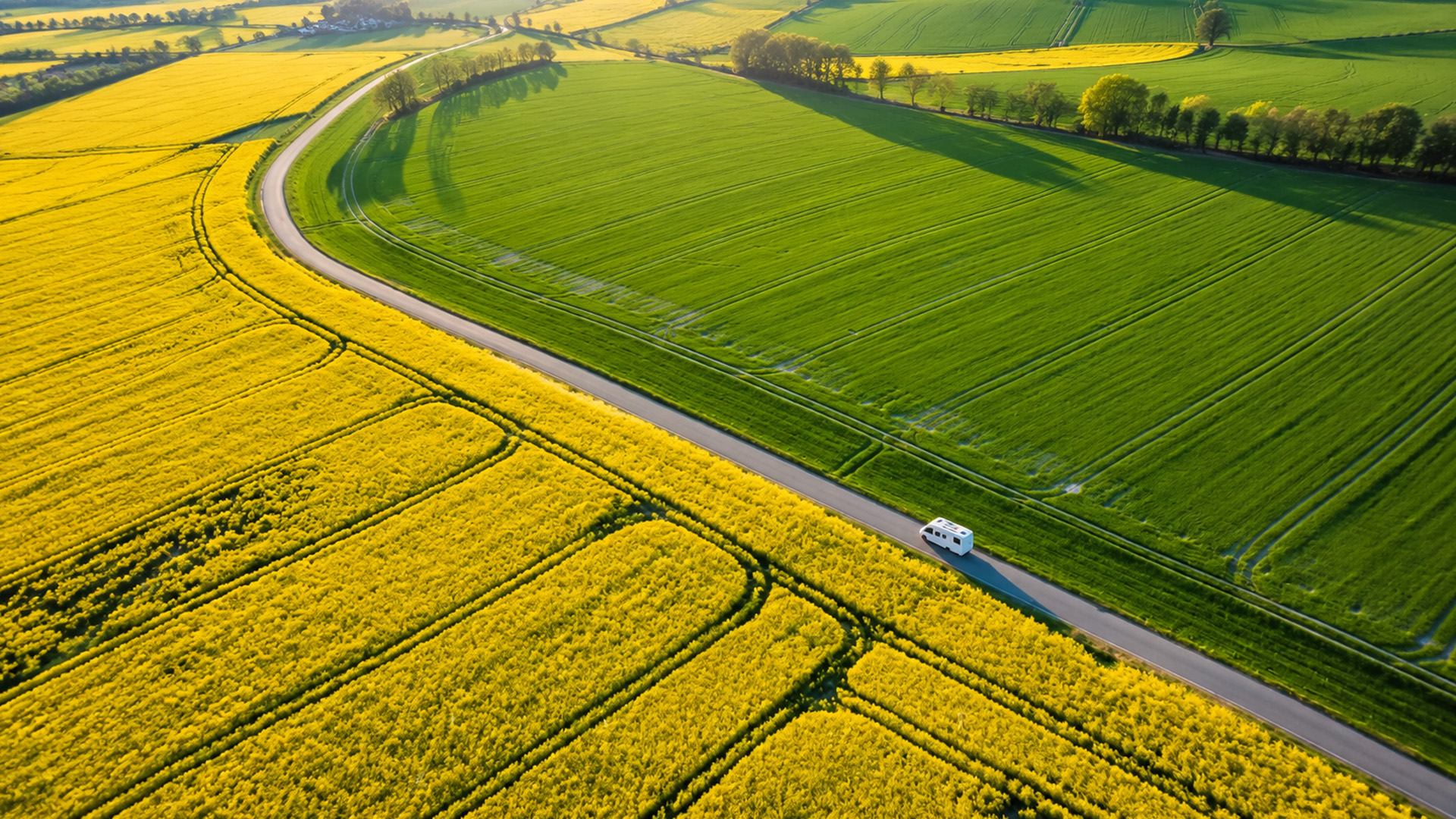Denmark countryside with colorful fields and winding roads