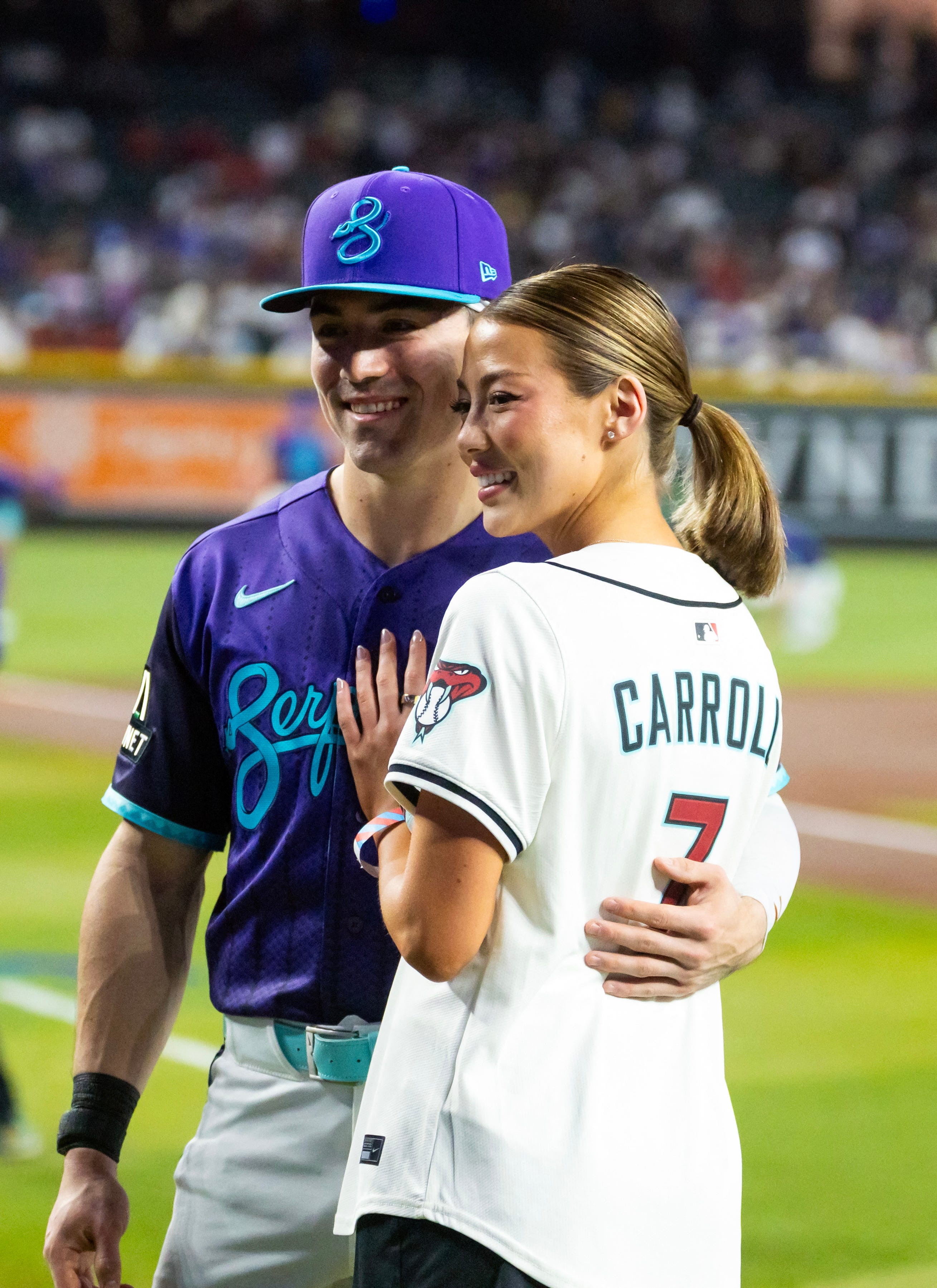 Corbin Carroll surprised as girlfriend, a former Miss America, sings anthem