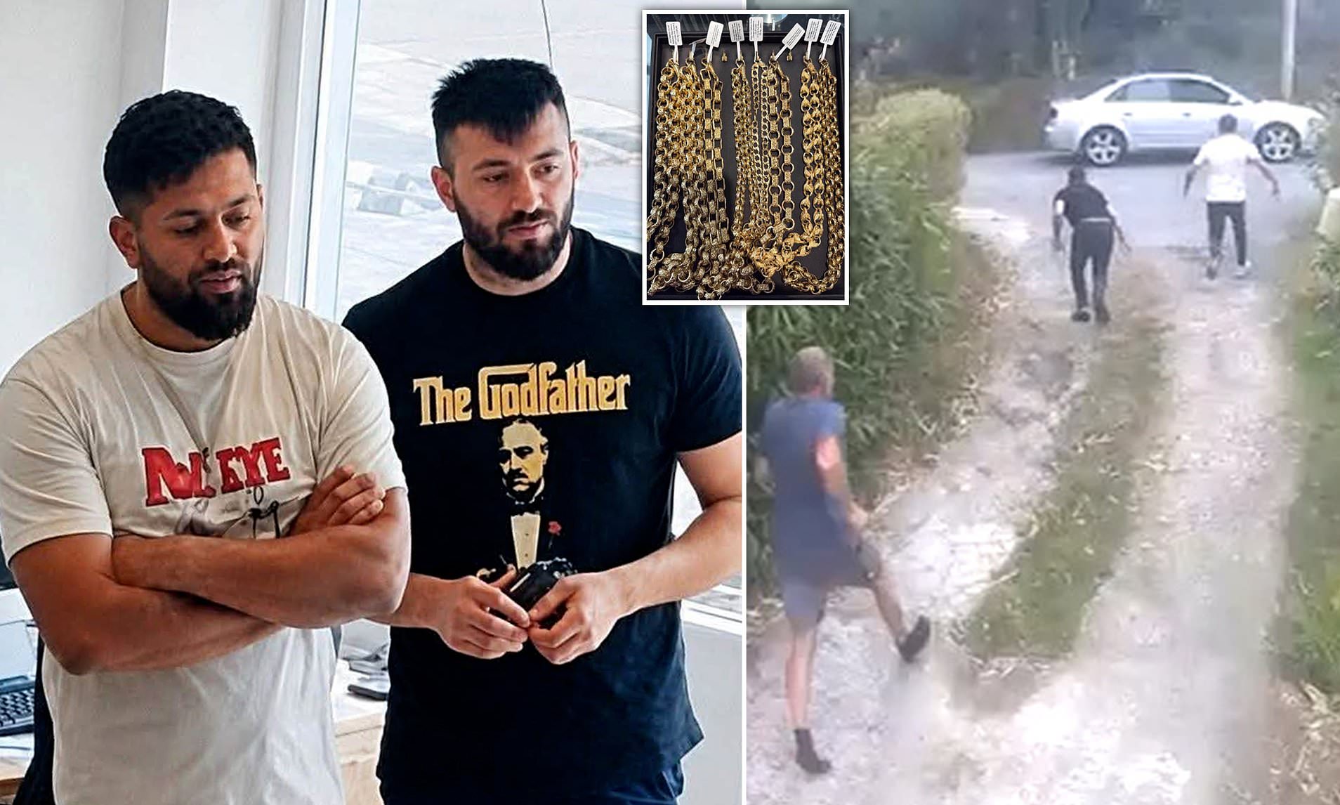 Moment thieves flee with £60,000 gold chains before attacking jeweller who chased them