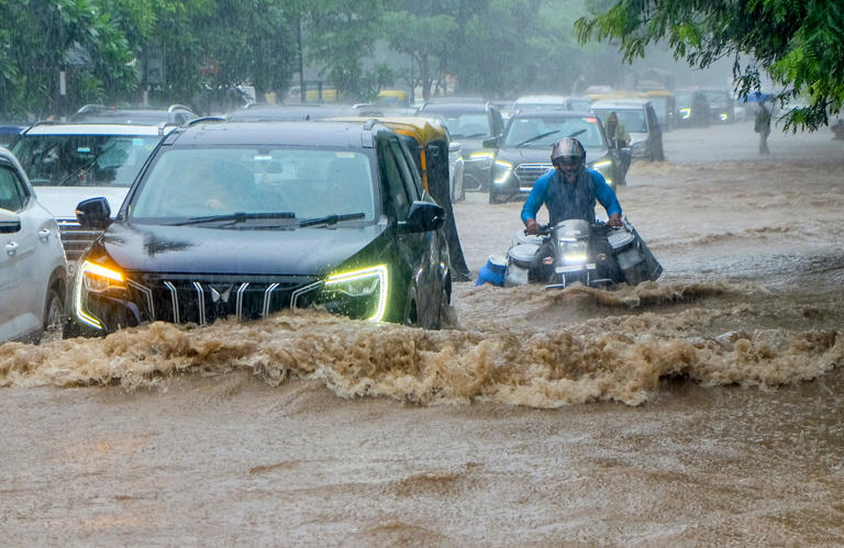 Commuters wade through a waterlogged road amid rainfall in New Delhi. (Photo: PTI)